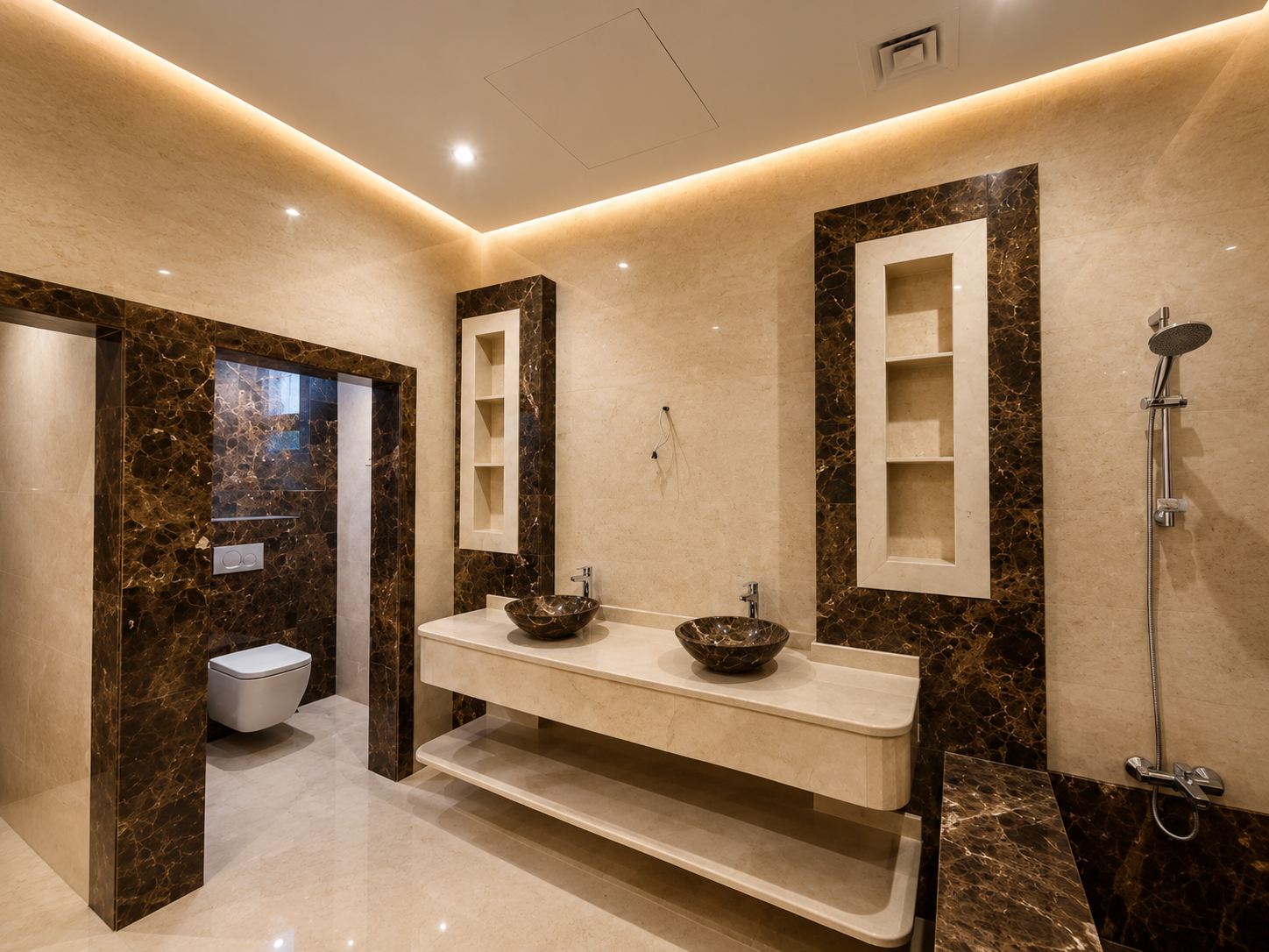 Luxury bathroom with refined natural stone surfaces and vanity details
