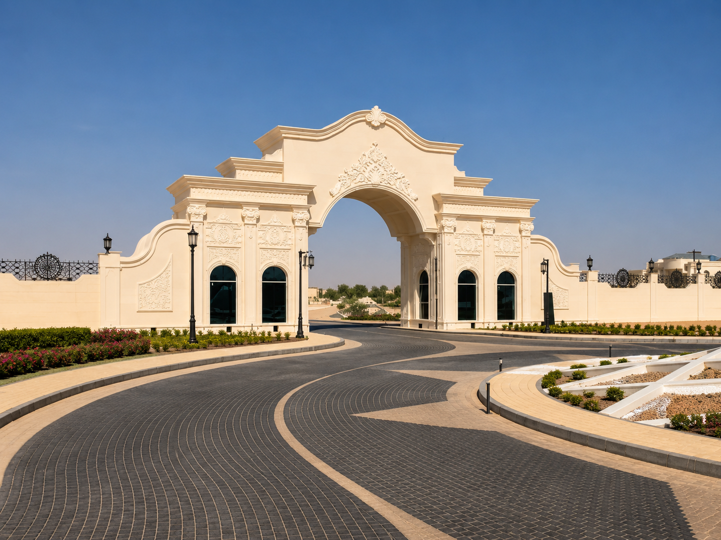 Residential exterior and entrance opening with refined stone detailing