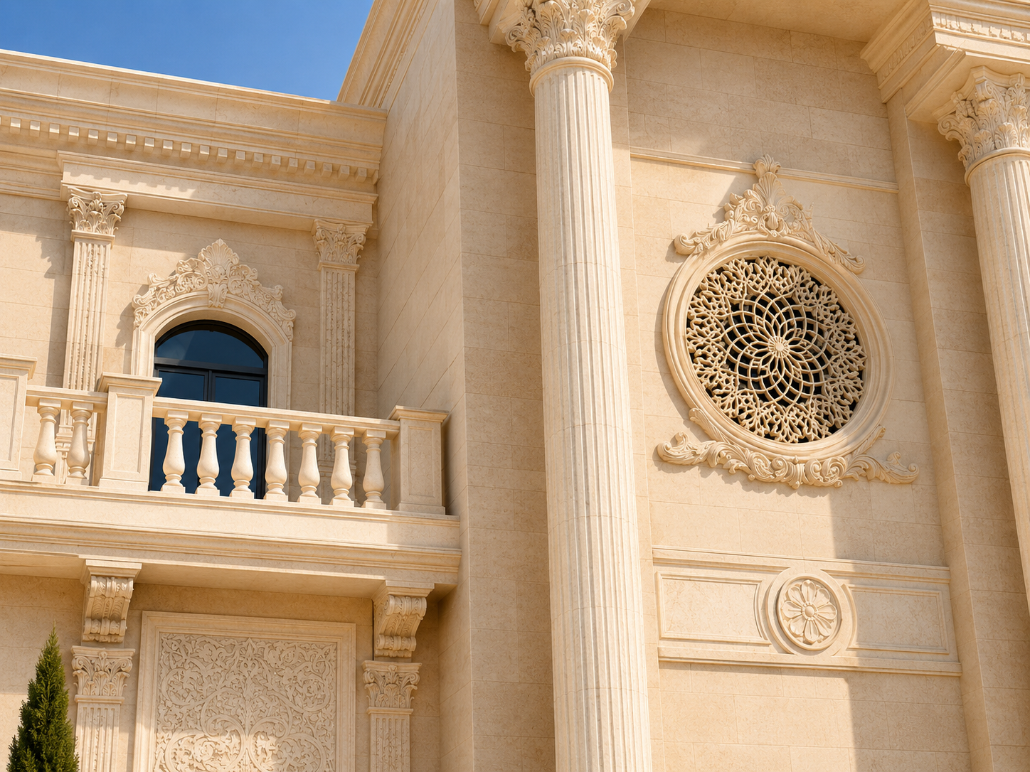 Close-up of luxury villa window stone details