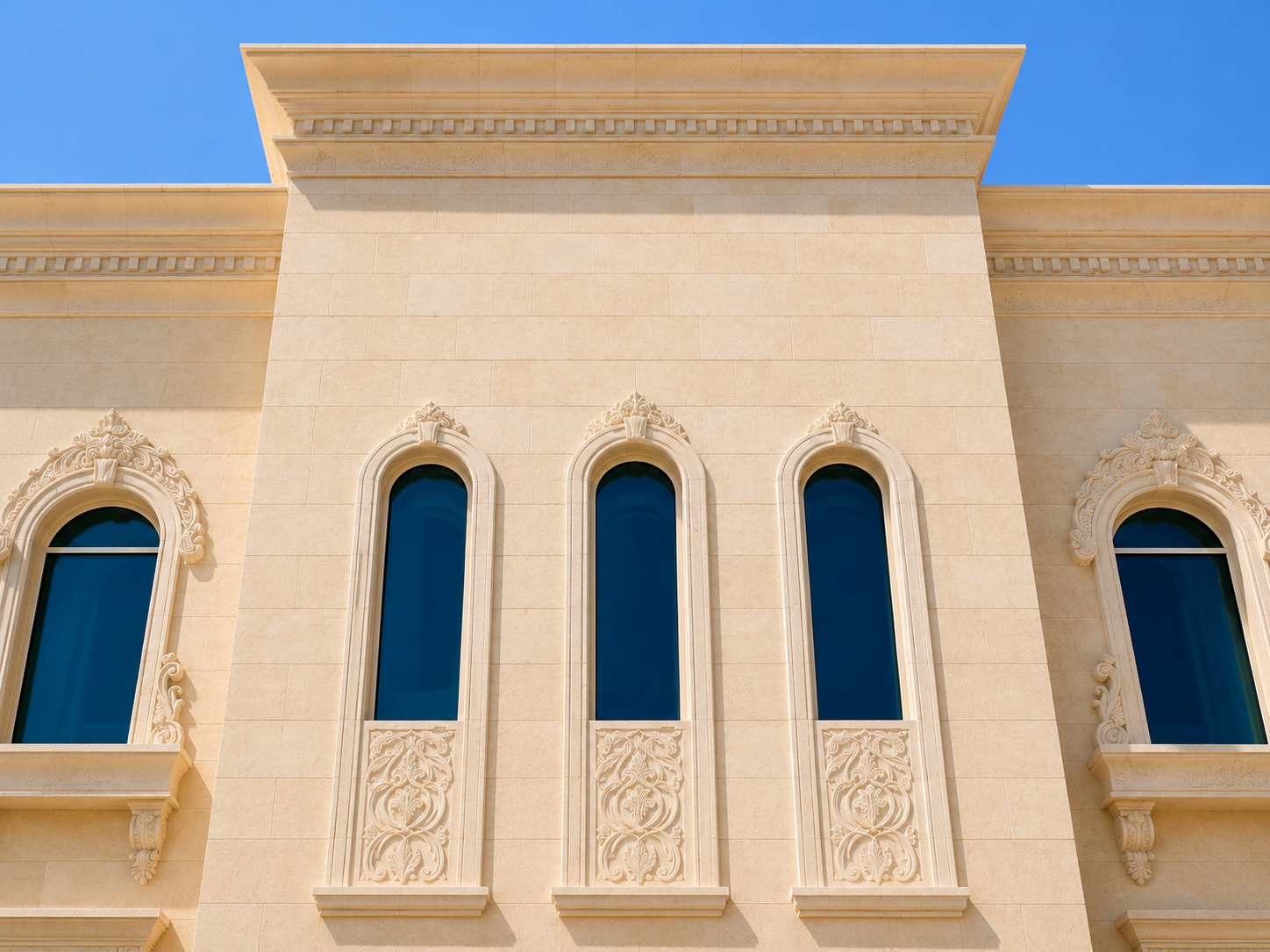 Villa exterior windows framed by natural stone